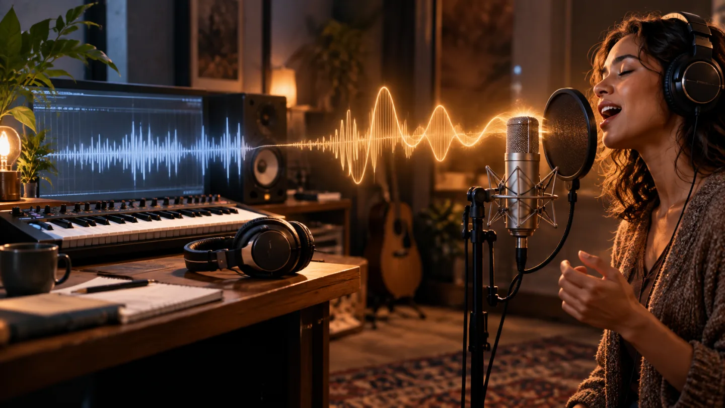 An instrumental keyboard and headphones on the left, a studio singer at a microphone on the right, connected by a subtle musical waveform in a warm recording studio.