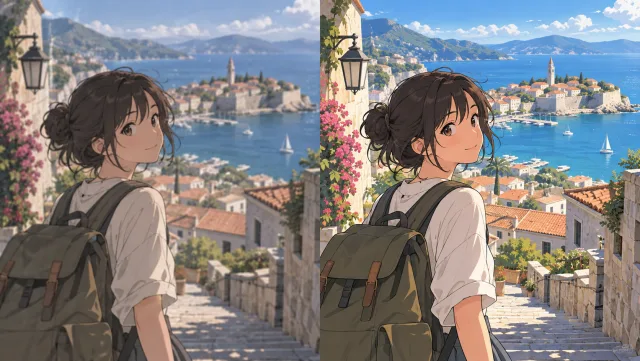 An original illustrated seaside town with a young adult traveler, shown as a soft compressed animation still and a cleaner detailed version.