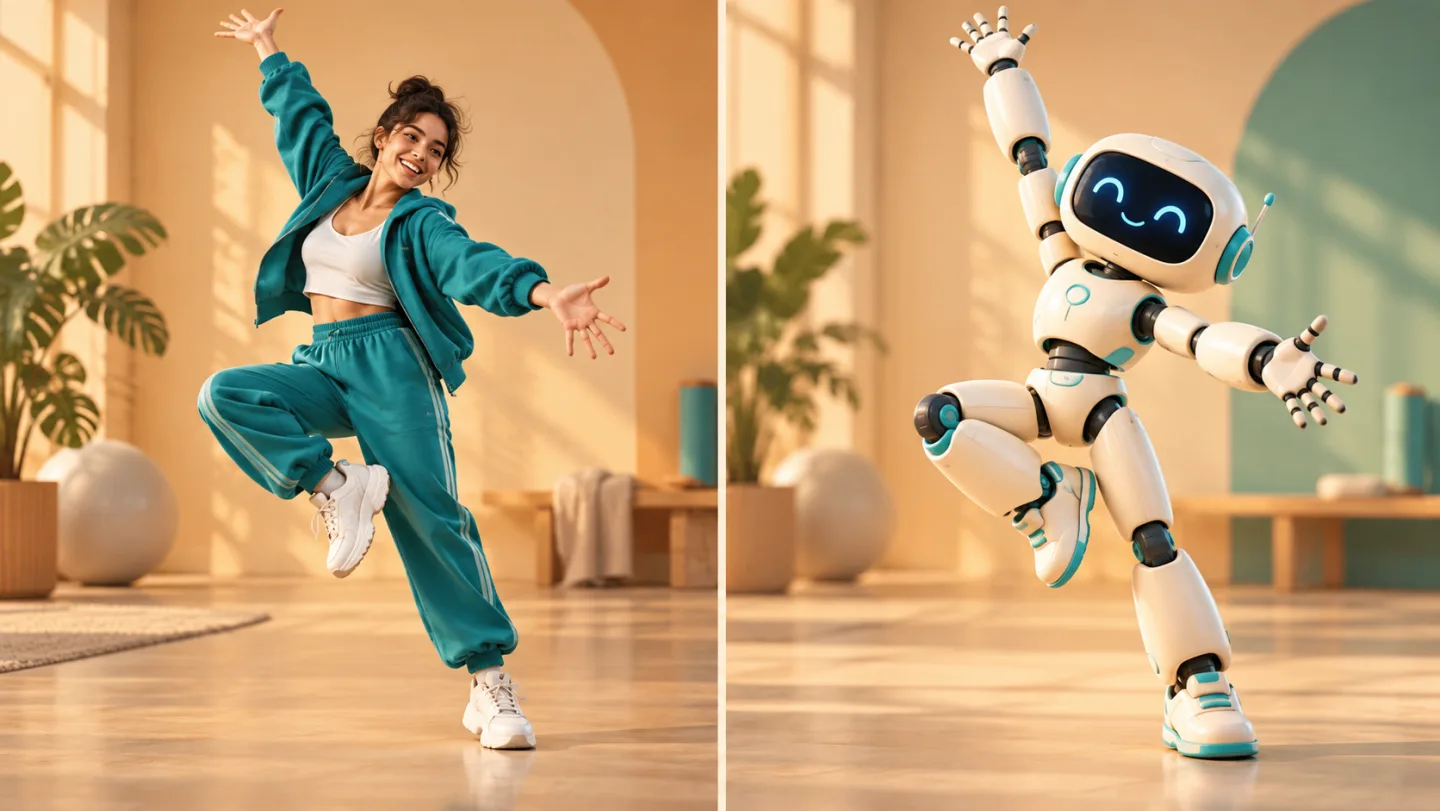 An adult dancer in a teal tracksuit and an original stylized 3D robot character matching the same energetic full-body dance pose on a warm studio backdrop.
