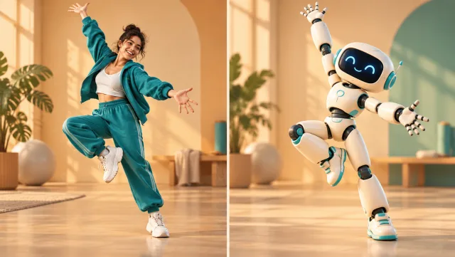 An adult dancer in a teal tracksuit and an original stylized 3D robot character matching the same energetic full-body dance pose on a warm studio backdrop.