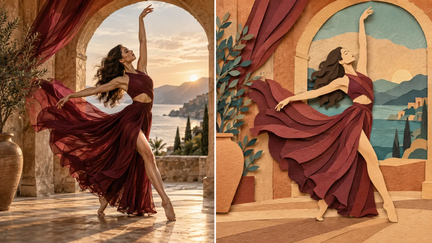 流れるような深紅の衣装をまとった大人のダンサーが、実写のフレームと、豊かな質感を持つペーパーカット風アニメーション解釈の同一ポーズで描かれている様子。