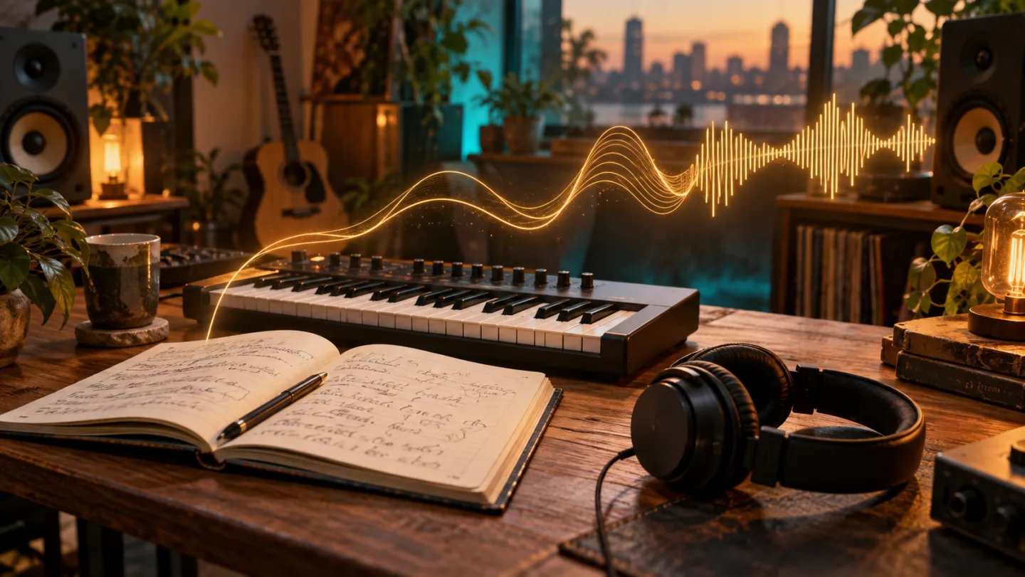 A warm music studio desk with an open lyric notebook, compact keyboard, headphones and a flowing amber waveform, no readable writing.