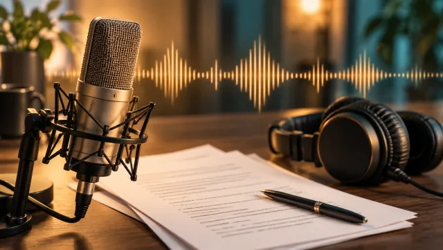 Photographie éditoriale rapprochée d’un microphone de studio placé à côté de pages de scénario et d’un casque, avec une onde sonore ambrée élégante traversant la composition.