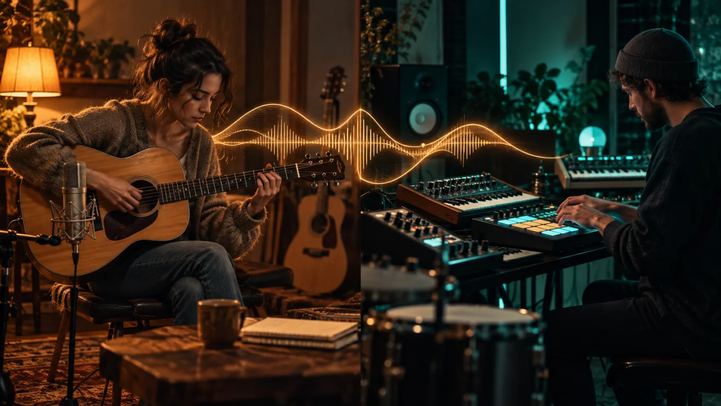 A mesma ideia musical interpretada como um estúdio acústico íntimo com violão e como um estúdio eletrônico colorido com sintetizador, conectados por uma onda âmbar fluida.