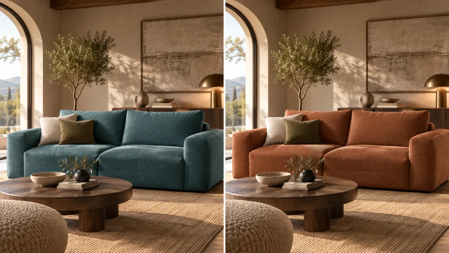 The same cinematic living room shot before and after a teal sofa is changed to a warm terracotta sofa, with the rest of the scene retained.