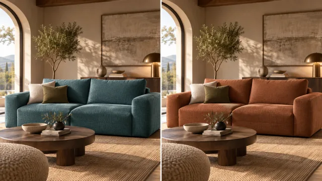 The same cinematic living room shot before and after a teal sofa is changed to a warm terracotta sofa, with the rest of the scene retained.