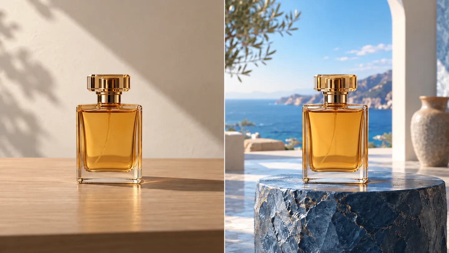 Nebeneinander dieselbe bernsteinfarbene Parfümflasche; links einfacher Schreibtisch und Wand, rechts eleganter blauer Steinsockel in einem sonnigen Küstenstudio, Flasche unverändert, ohne Etikett.
