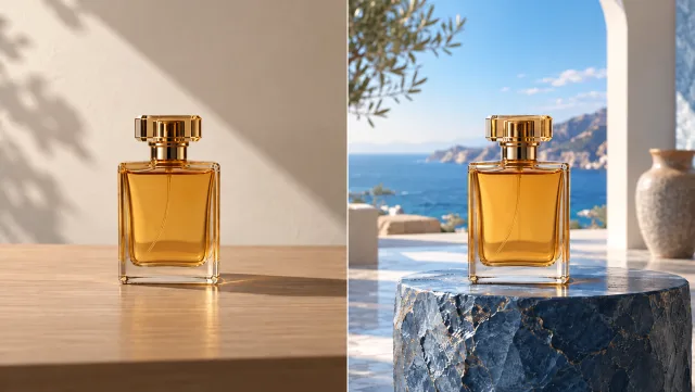Side-by-side same amber perfume bottle; left plain desk and wall, right elegant blue stone pedestal in sunlit coastal studio, bottle unchanged no label.