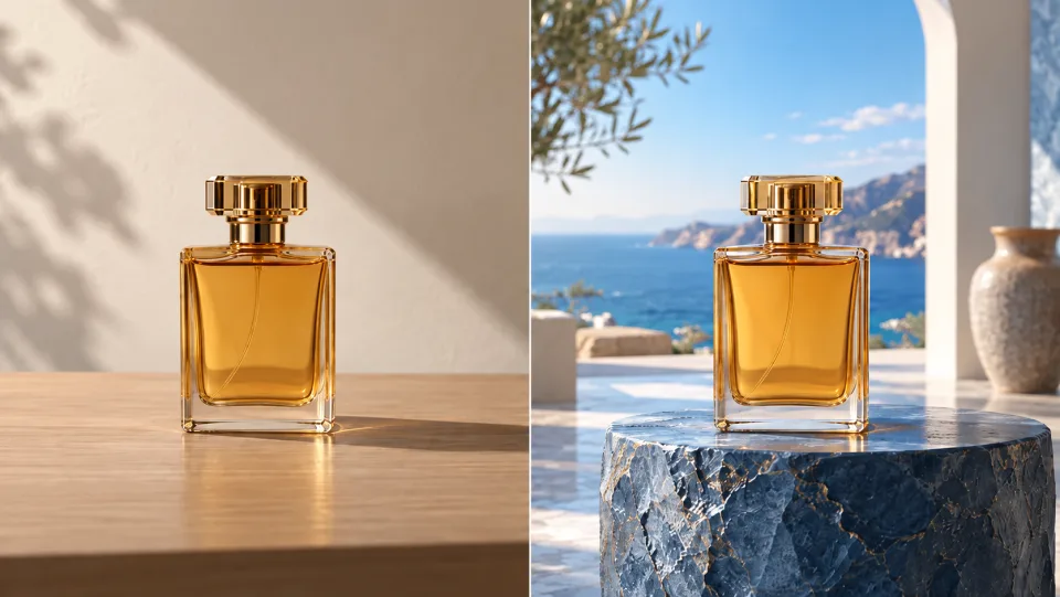 Nebeneinander angeordnete identische Bernstein-Parfümflasche: Links einfacher Schreibtisch und Wand, rechts eleganter blauer Steinsockel in einem sonnigen Küstenstudio, Flasche unverändert, ohne Etikett.