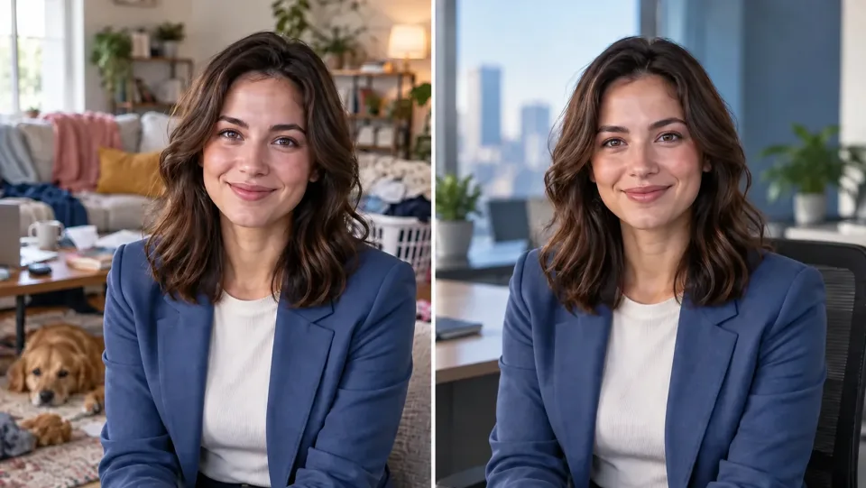 Nebeneinander angeordnetes identisches Geschäftsfrauen-Portrait: Links Hintergrund eines unordentlichen Wohnzimmers, rechts sanft verwischtes professionelles Büro, Gesicht und Kleidung unverändert.