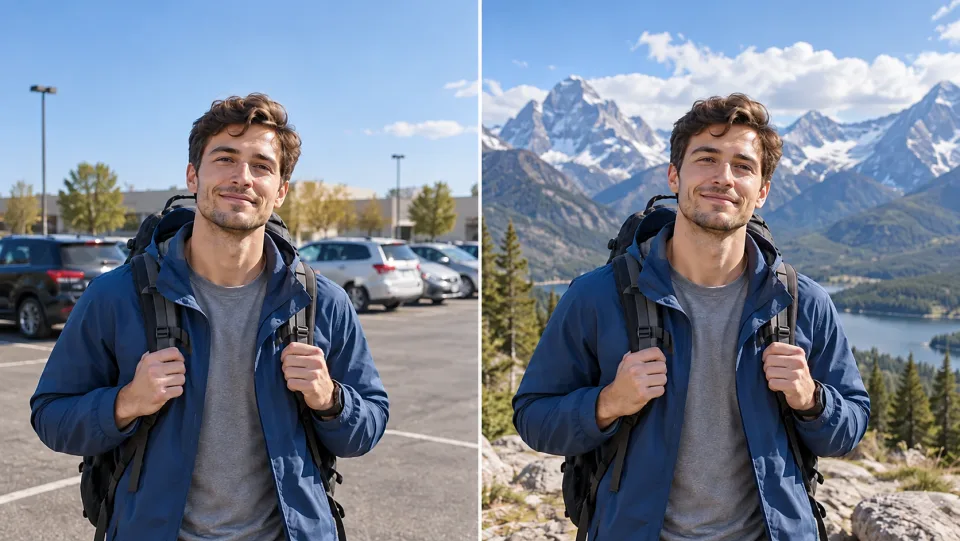 Nebeneinander angeordnetes identisches Portrait eines männlichen Reisenden in derselben Pose: Hintergrund zunächst ein gewöhnlicher Parkplatz, dann eine Berglandschaft, Tageslicht stimmig abgeglichen.