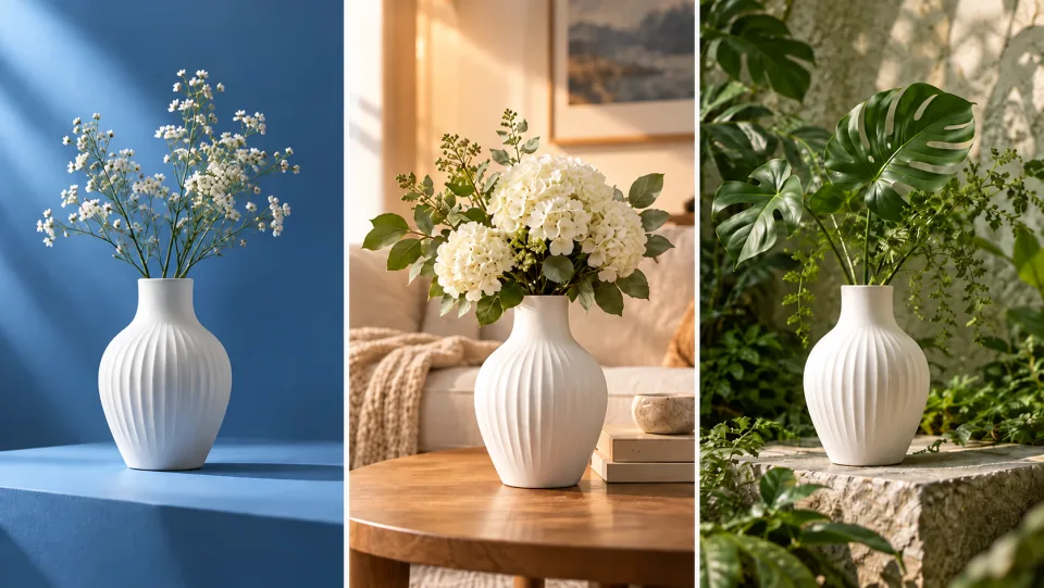 Derselbe weiße keramische Blumenstraußhalter in drei geschmackvollen Umgebungen: blaues Studio, warmes Zuhause, grüne botanische Szenerie – redaktioneller Triptychon.