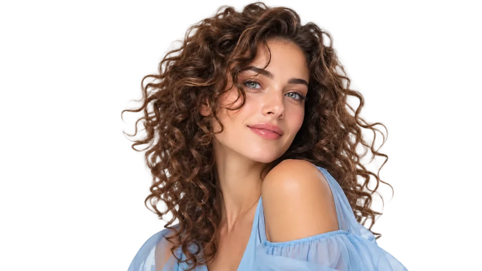 Studio cutout of a curly-haired woman portrait with delicate hair against subtle gray checkerboard; photo-real face.