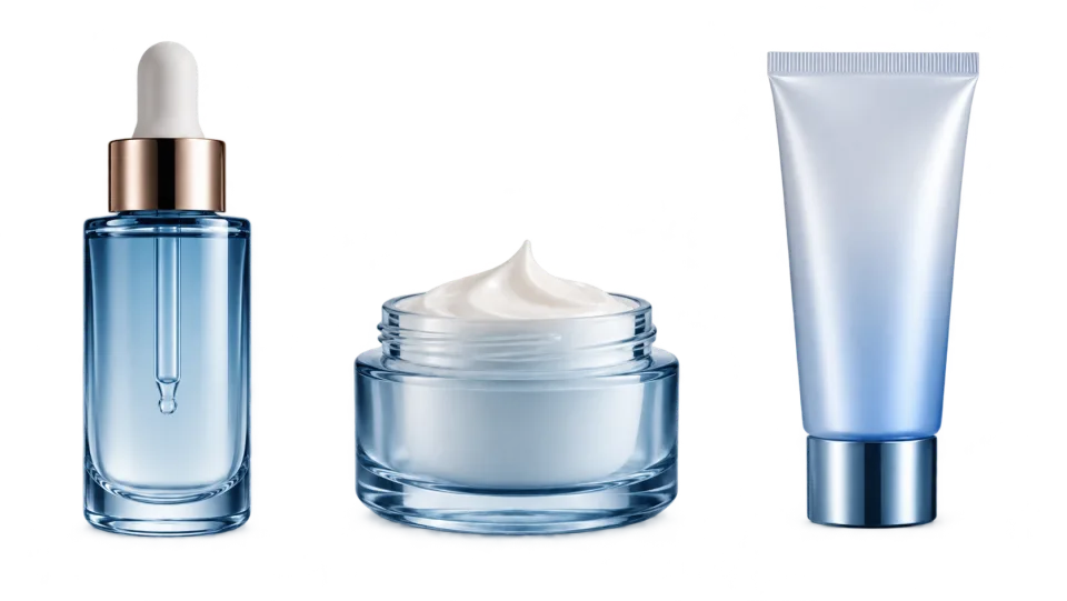 Three cosmetics containers isolated with space between them on subtle checkerboard; no logos or labels.