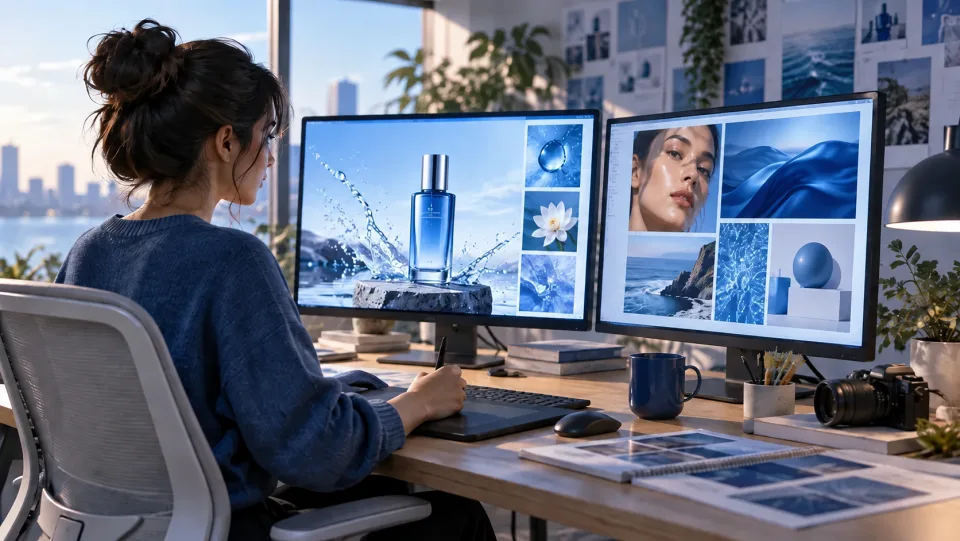 A graphic designer workstation with clean product cutouts and blue advertising compositions on screen, no legible text.