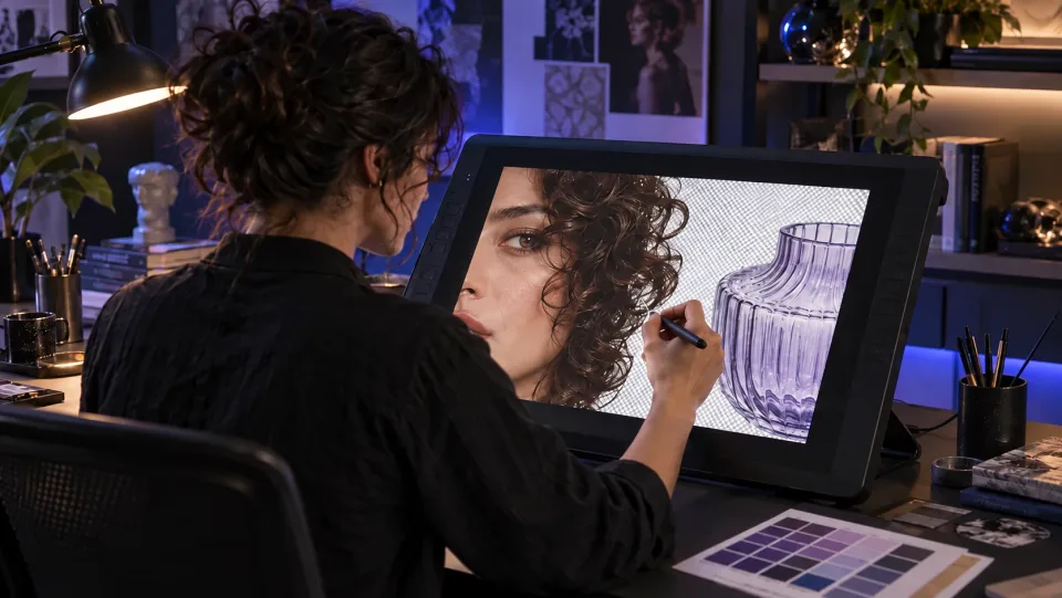 Graphic designer using a stylus to refine detailed mask edges around curly hair and translucent glass.