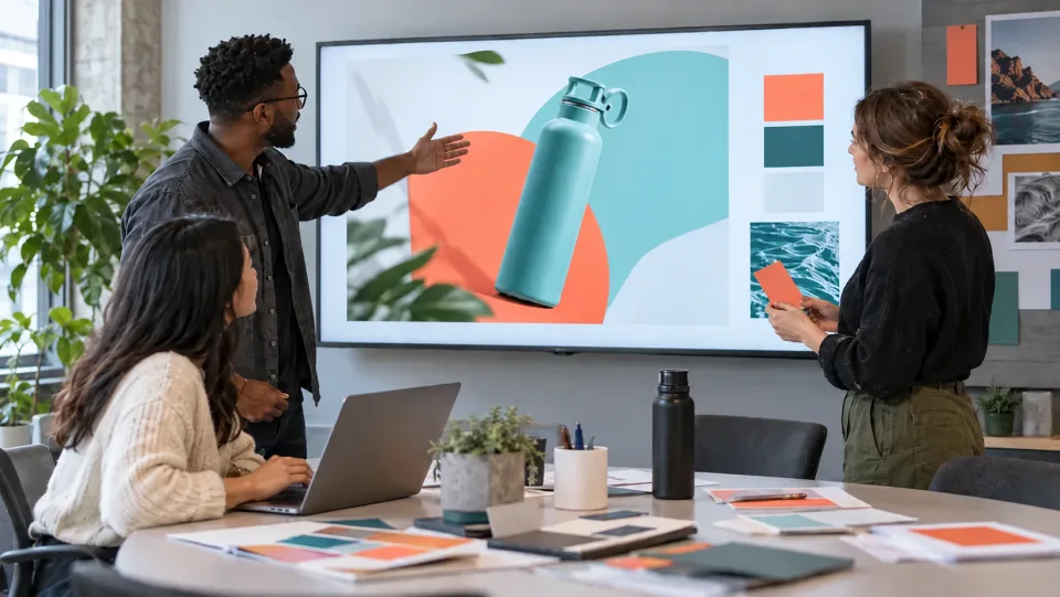 Marketing team reviewing a campaign composition built around an isolated turquoise water bottle and bold color shapes.