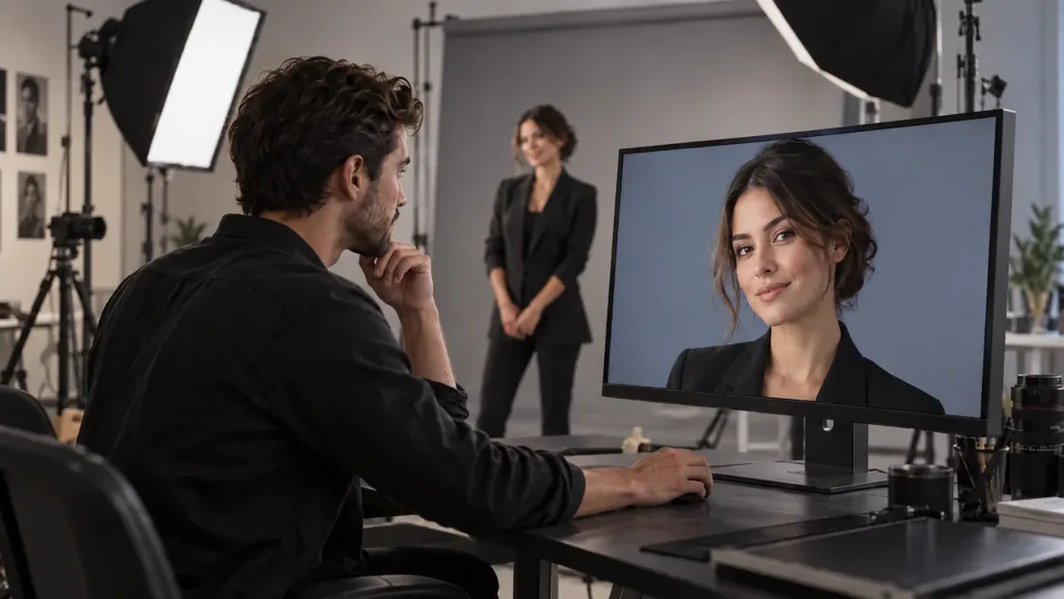 Portrait professional reviewing a polished headshot on a studio monitor while the subject stands near the backdrop.
