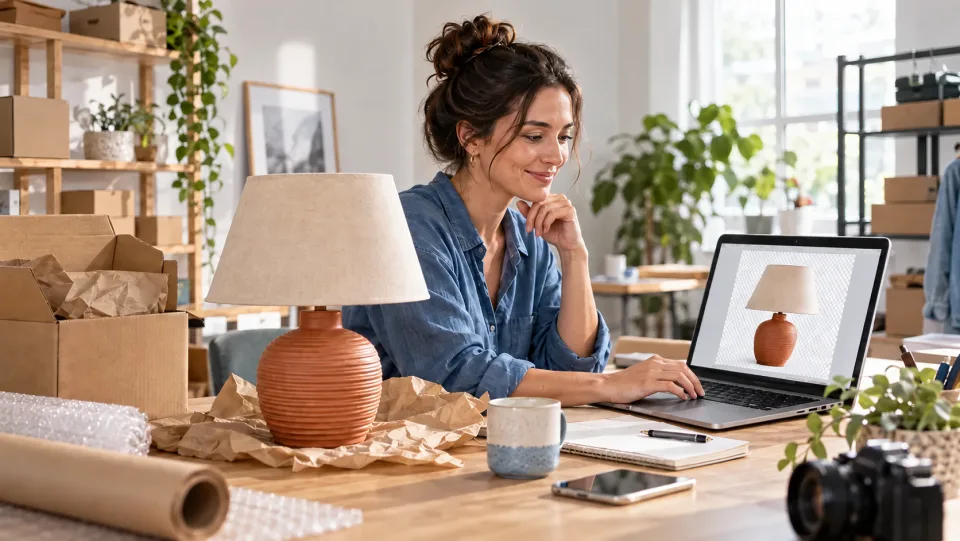 Online store owner preparing a terracotta table lamp listing while reviewing its clean background-free cutout on a laptop.