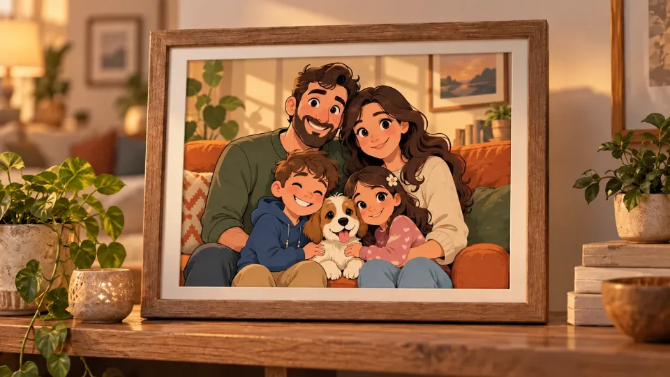 An original cartoon family portrait with a dog in a frame on a living room shelf