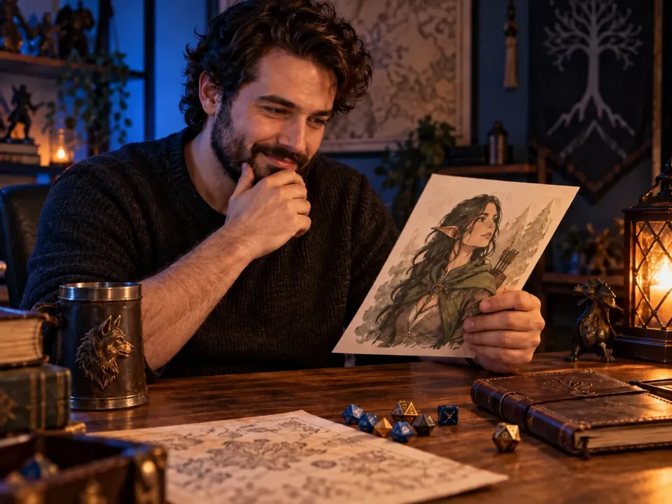 A creative gamer with an illustrated character sheet and tabletop game accessories