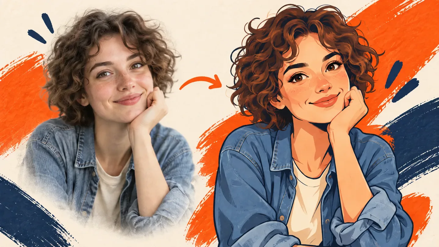A curly-haired woman's portrait beside an original cartoon interpretation