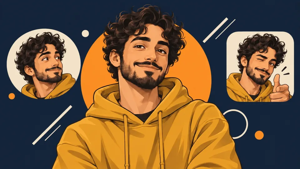 A cartoon creator avatar with curly hair and a mustard hoodie against navy and orange graphics