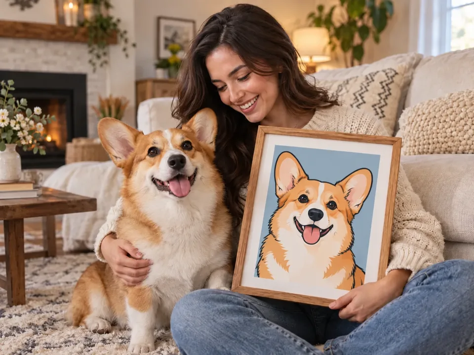 A pet owner displaying a playful illustrated dog portrait in a cozy home