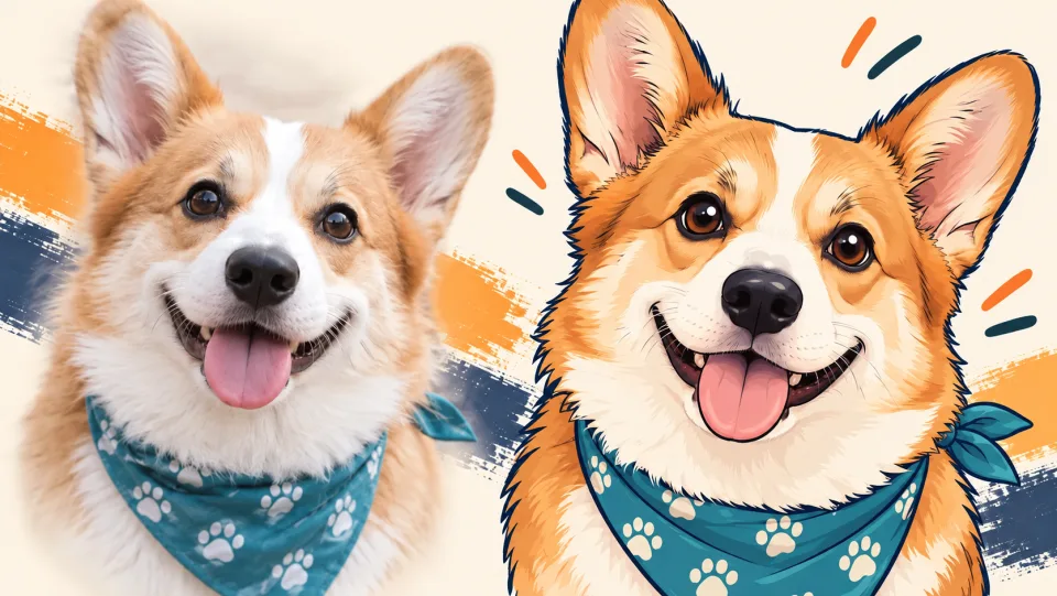 A corgi photograph transformed into a warm cartoon portrait with a teal bandana