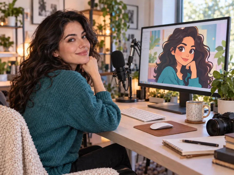 A content creator preparing a cartoon profile portrait at a bright studio desk