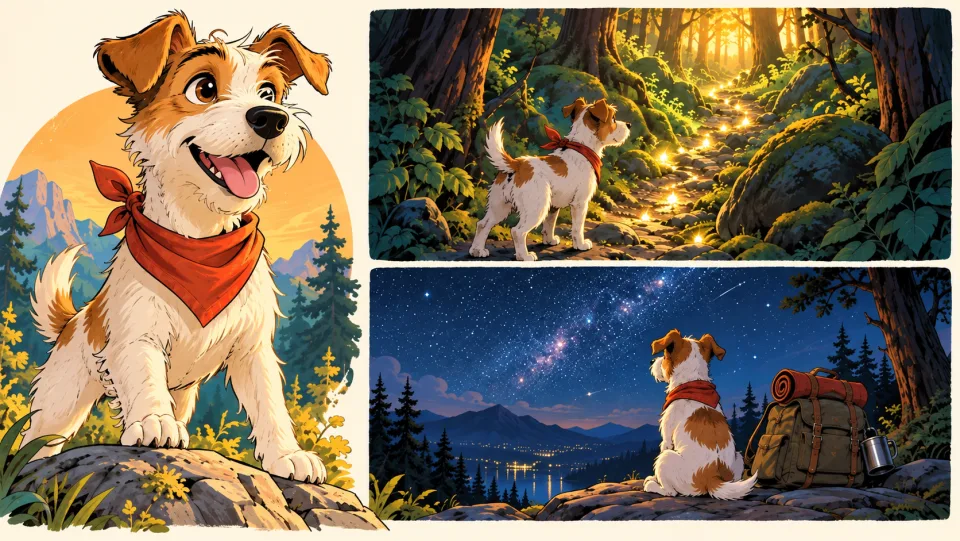 A terrier cartoon character and two illustrated adventure storyboard panels
