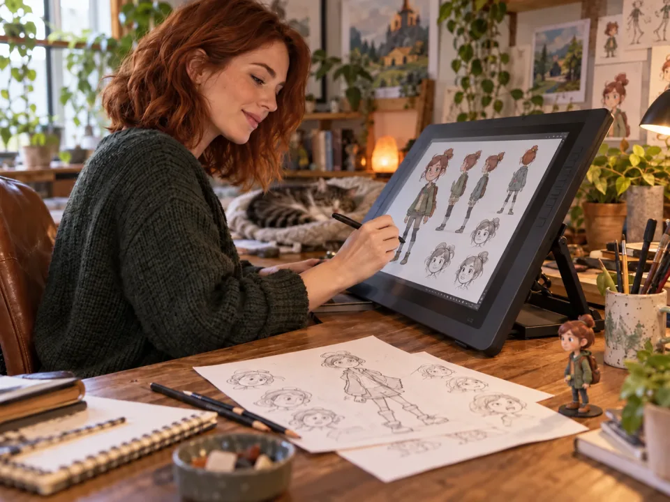 An illustrator developing cartoon characters at a warm creative desk