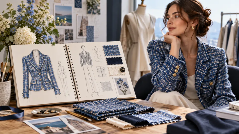 Fashion designer sketchbook beside photograph of a fully clothed woman in a textured blue tweed jacket, fabric swatches.