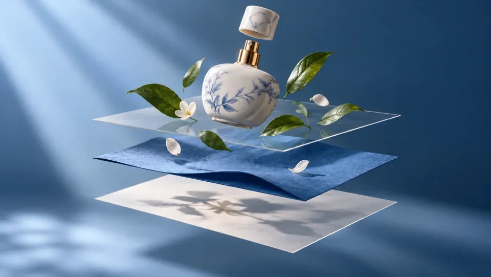Exploded composition of a ceramic perfume bottle, green leaves, blue paper backdrop and soft shadow separated into four floating parallel planes; elegant design visualization, no UI.
