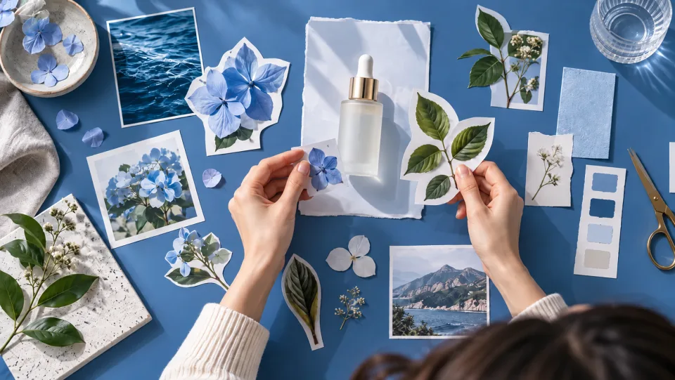 Designer arranging separate product and botanical cutouts on a blue editorial moodboard.