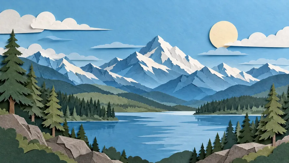 A paper-cut landscape illustration with mountains, trees and sky displayed as offset layered sheets.