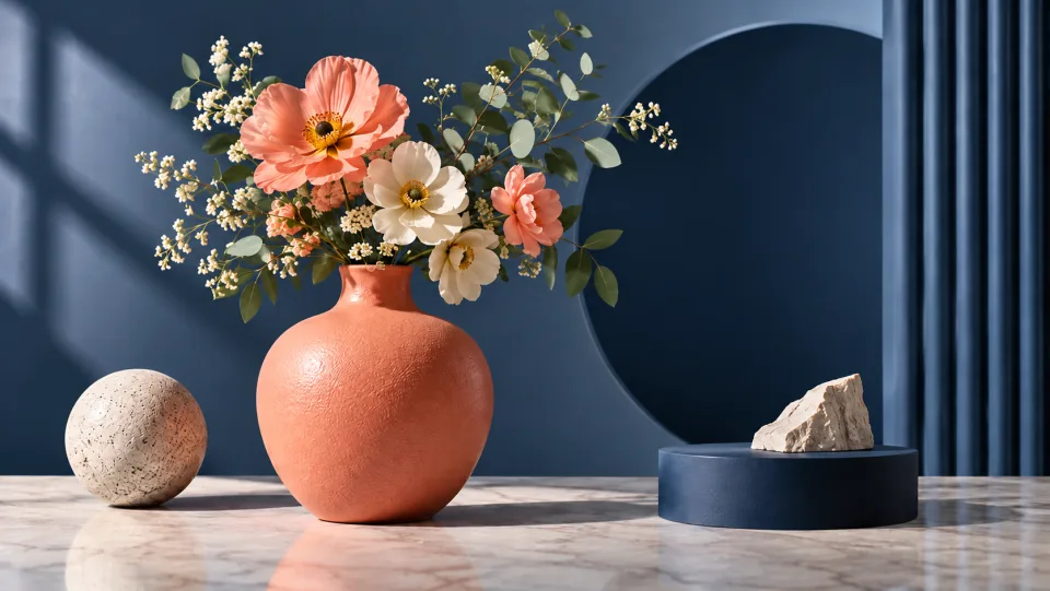 A still-life poster composition of a coral vase, flowers and navy geometric backdrop, each element subtly separated.