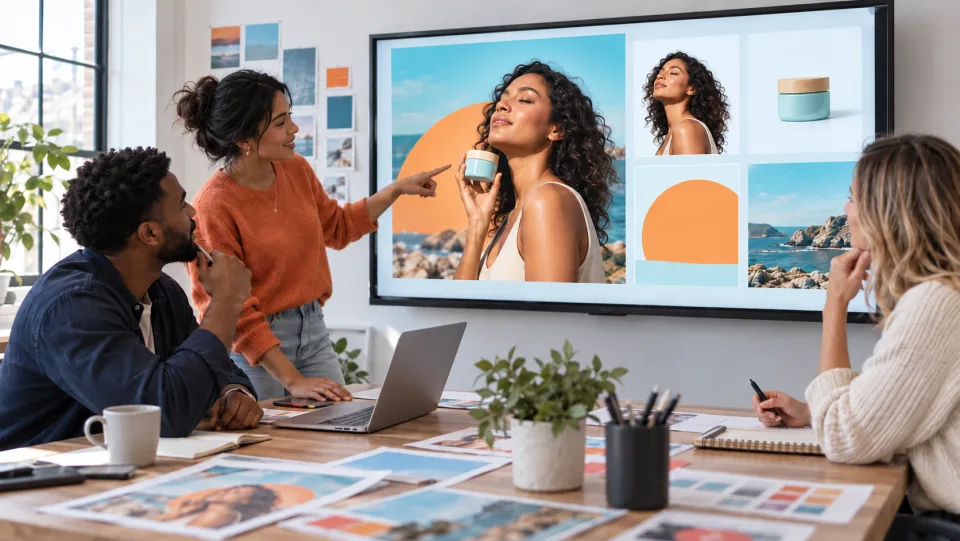 Creative team reviewing a campaign composition and its separated person, product, color shape and coastal background assets.