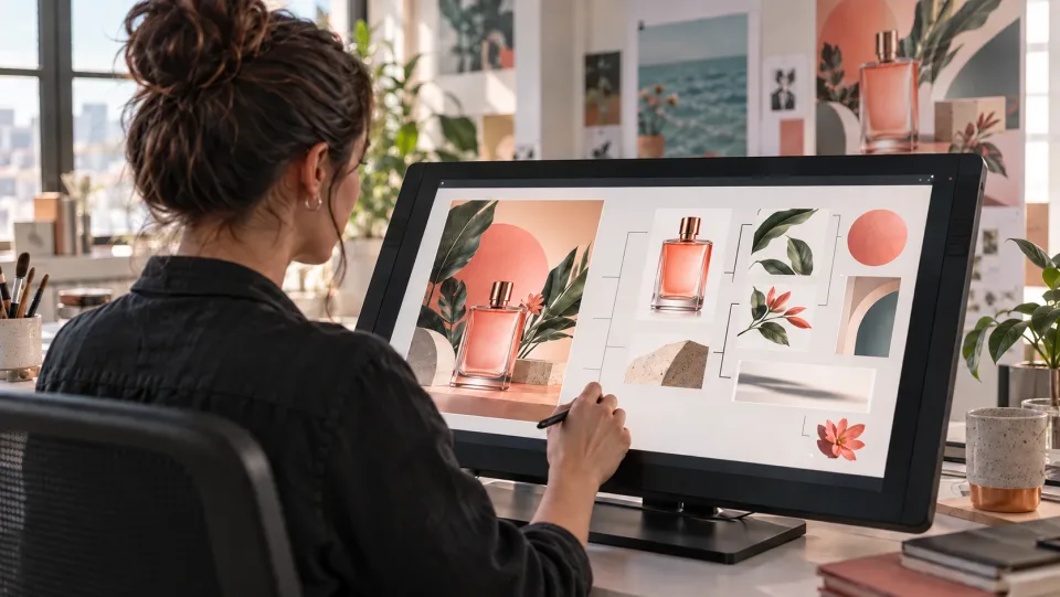 Graphic designer using a pen display to separate a coral perfume poster into product, botanical, shape and shadow layers.