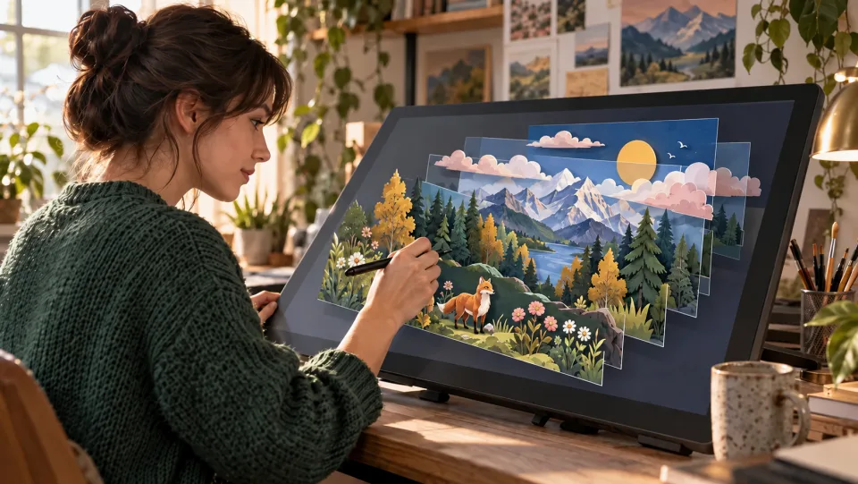 Digital illustrator using a stylus while a colorful mountain scene is separated into foreground, trees, mountains, clouds and sky layers.