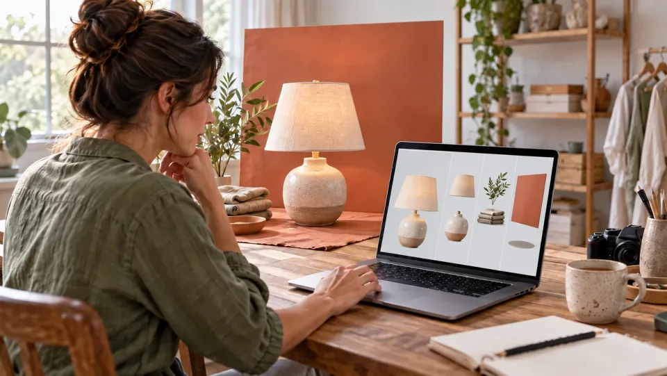 Online store owner reviewing a ceramic table lamp, plant, linen backdrop and shadow as separate reusable visual elements on a laptop.