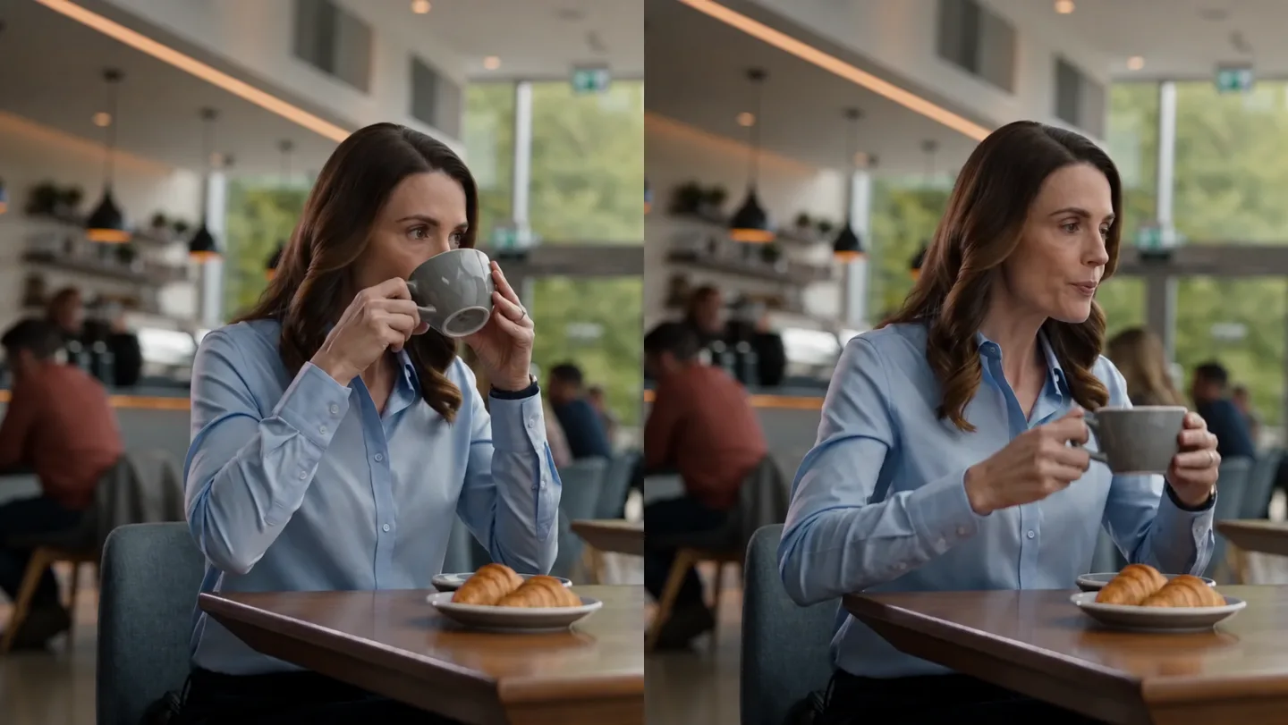 Une femme portant une chemise bleue dans un café, montrée en train de boire dans une tasse puis de parler après l’avoir baissée.