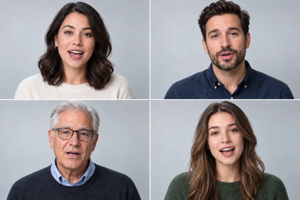 Quatre intervenants différents dans une grille de portraits studio.