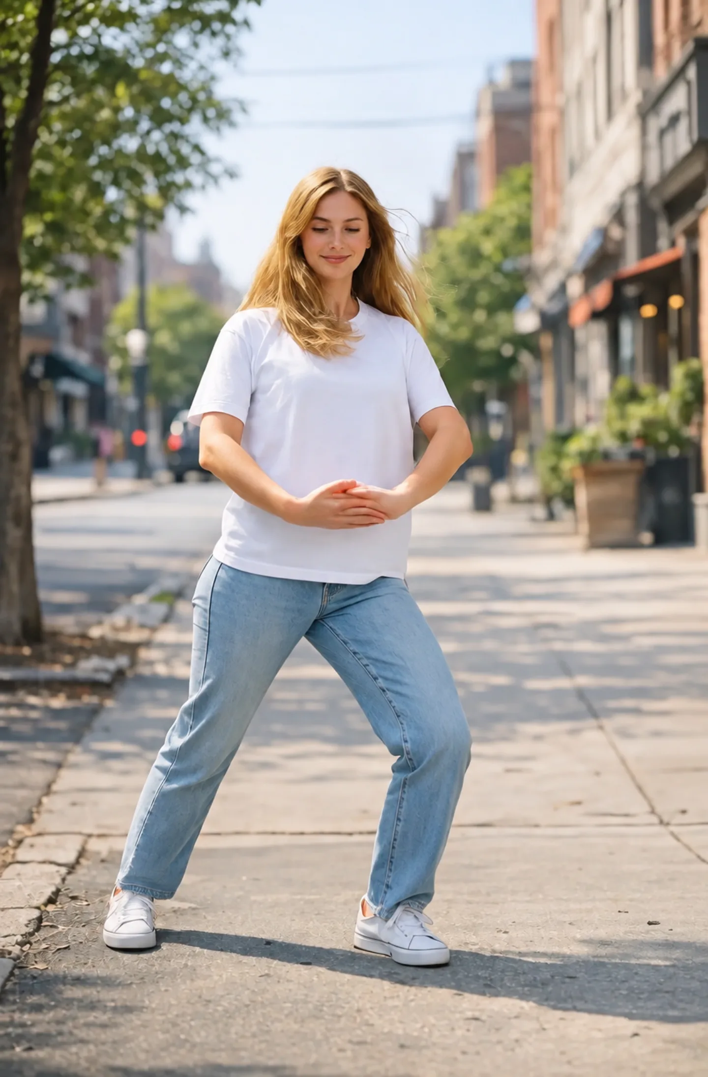 A woman in a white T-shirt and jeans demonstrating a dance pose on a sunny city sidewalk.