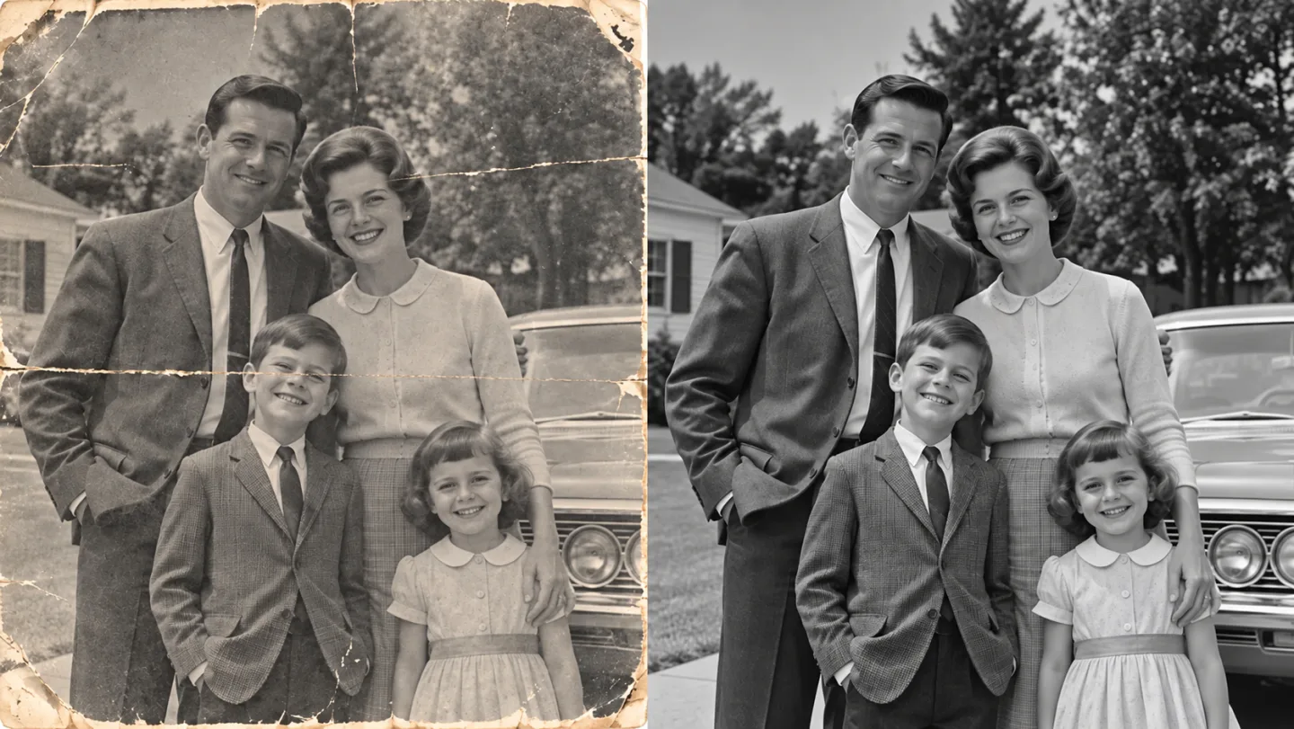 Side-by-side original fictional 1960s black-and-white family photo: left creases scratches fading, right gently restored crisp monochrome same people and framing, no colorization.