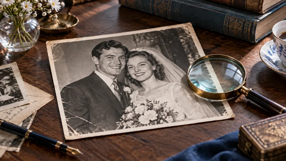 Vintage monochrome wedding photograph gently repaired, archival print on desk beside magnifying glass.