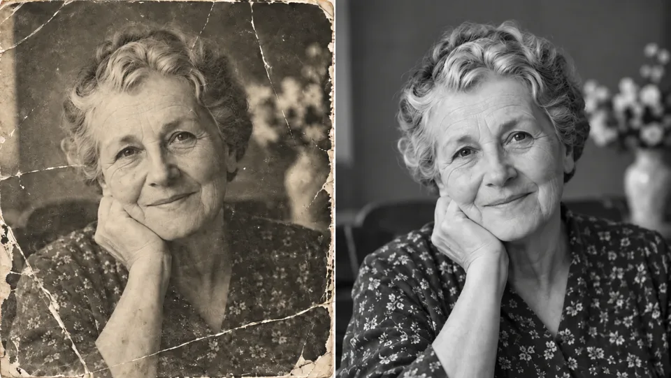 Side-by-side same old monochrome grandmother portrait faded and scratched then restored with authentic age lines.