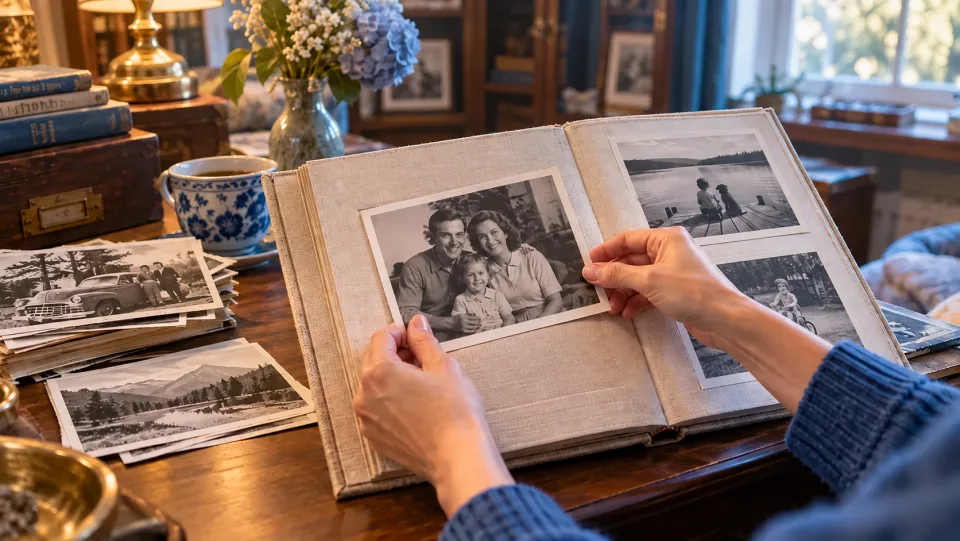 Hands placing restored monochrome family photos into a linen album, warm archive room.
