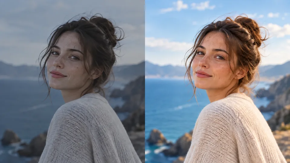 Dasselbe Frauenporträt nebeneinander: links mit matter Belichtung, rechts mit ausgewogener, natürlicher Farbwiedergabe; Sommersprossen erhalten, keine extreme Schönheitskorrektur.