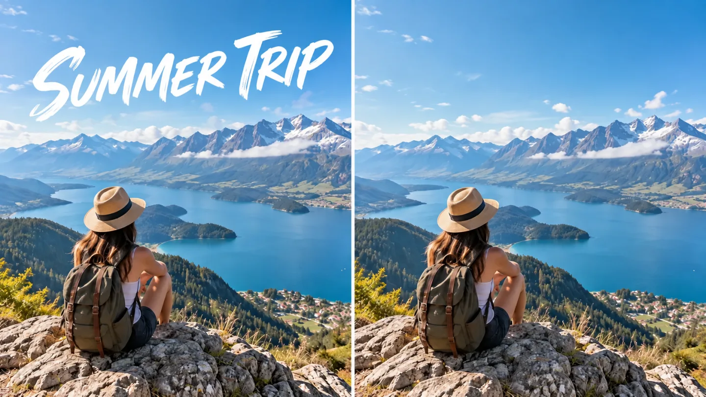 Nebeneinander angeordnetes Reiselandschafts-Foto: Links große überlagerte Wörter „SUMMER TRIP“ am Himmel, rechts wurden die Wörter entfernt, wobei Himmel und Berg unverändert blieben.